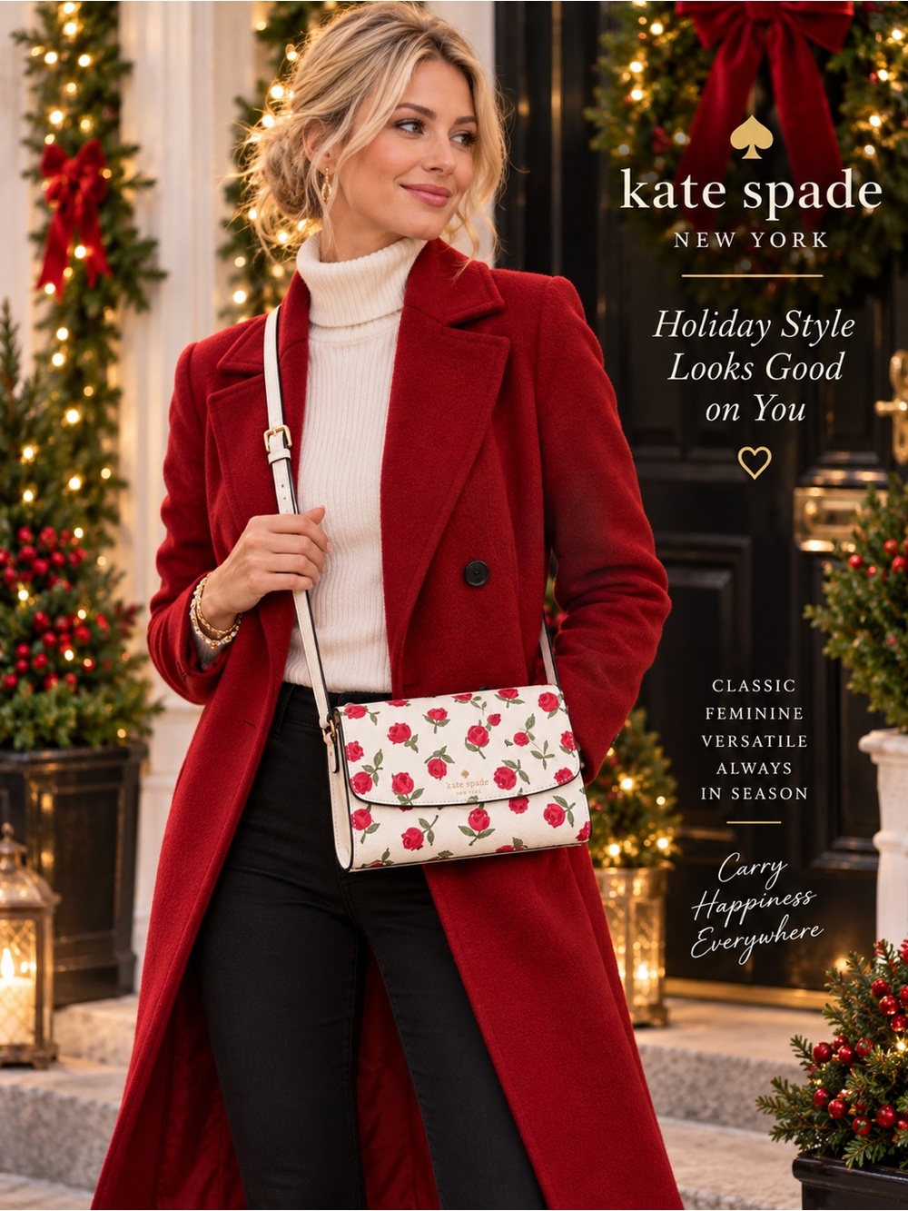 Kate Spade Dana Rose Crossbody Cream Red Floral Saffiano Leather Holiday Bag - Picture 2 of 15